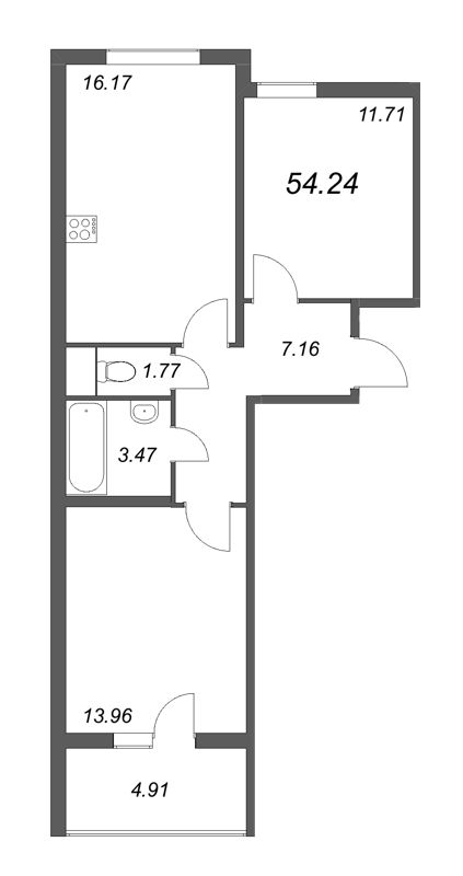 3-комнатная (Евро) квартира, 54.24 м² - планировка, фото №1