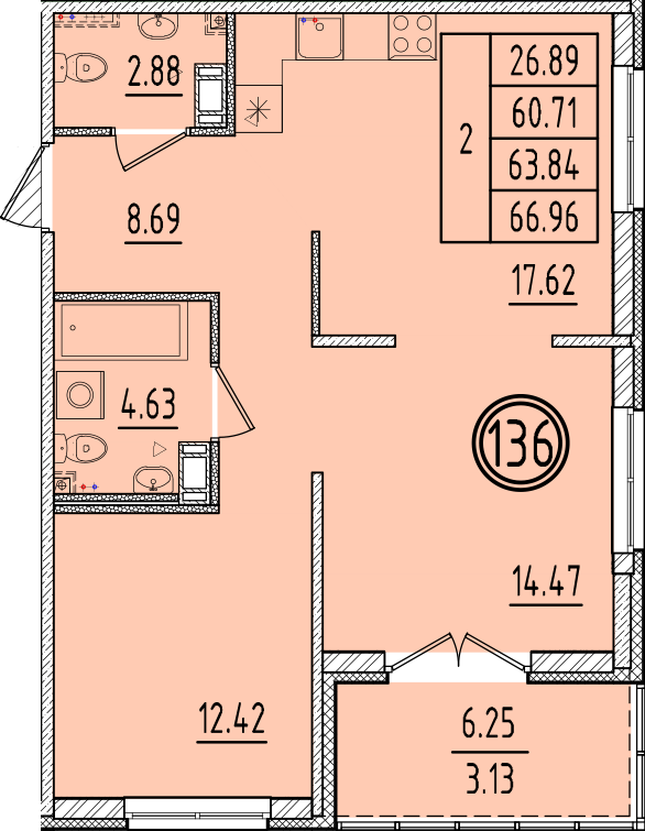 3-комнатная (Евро) квартира, 60.71 м² в ЖК "Образцовый квартал 6.4" - планировка, фото №1