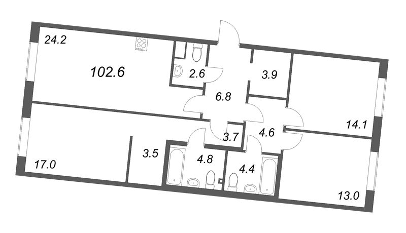 4-комнатная (Евро) квартира, 102.6 м² в ЖК "Визионер" - планировка, фото №1