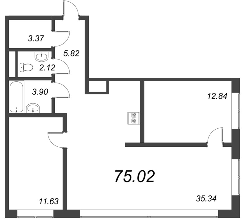 3-комнатная (Евро) квартира, 77.4 м² - планировка, фото №1