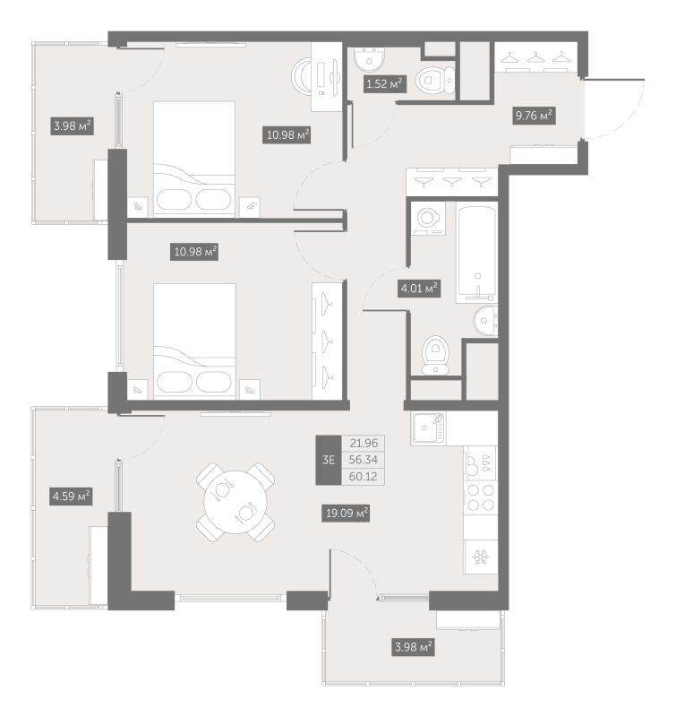3-комнатная (Евро) квартира, 60.3 м² в ЖК "Квартал «Новый Московский»" - планировка, фото №1