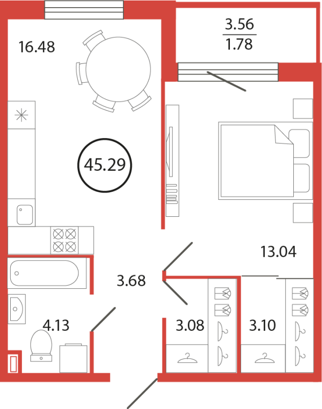 2-комнатная (Евро) квартира, 45.29 м² в ЖК "Энфилд" - планировка, фото №1