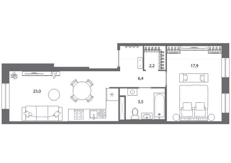 2-комнатная (Евро) квартира, 55 м² - планировка, фото №1