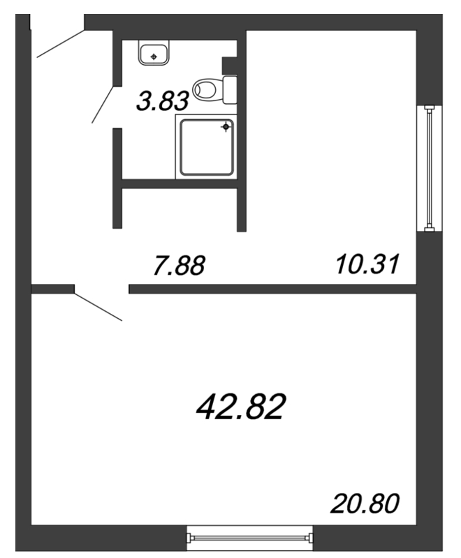 1-комнатная квартира, 42.82 м² - планировка, фото №1
