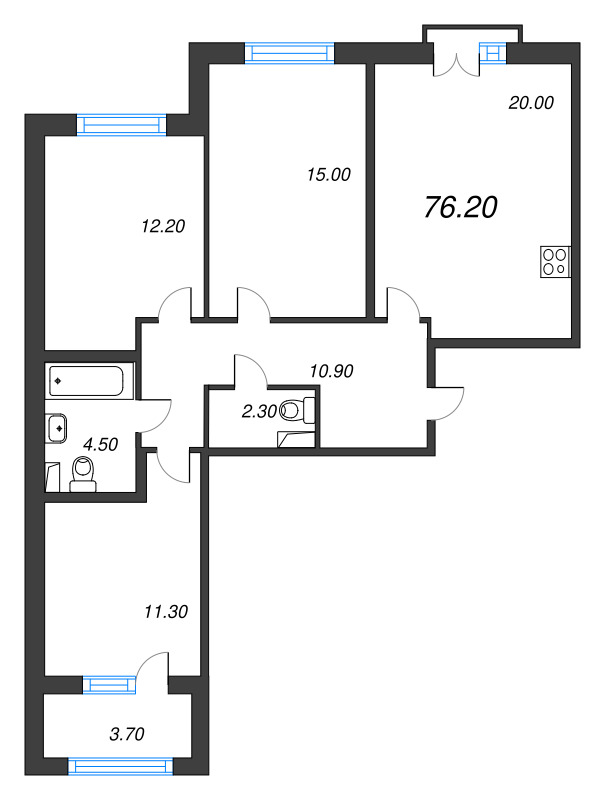 4-комнатная (Евро) квартира, 76.2 м² в ЖК "Дубровский" - планировка, фото №1