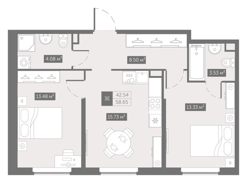 3-комнатная (Евро) квартира, 58.65 м² в ЖК "Zoom на Неве" - планировка, фото №1