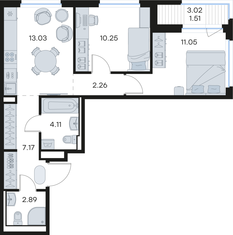 2-комнатная квартира, 52.27 м² в ЖК "GloraX Новоселье" - планировка, фото №1