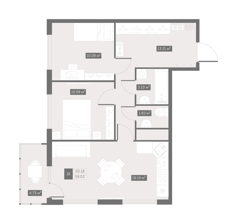 3-комнатная (Евро) квартира, 59.03 м² - планировка, фото №1