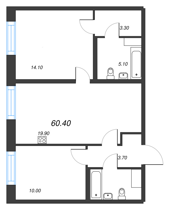 3-комнатная (Евро) квартира, 60.4 м² в ЖК "Парусная 1" - планировка, фото №1