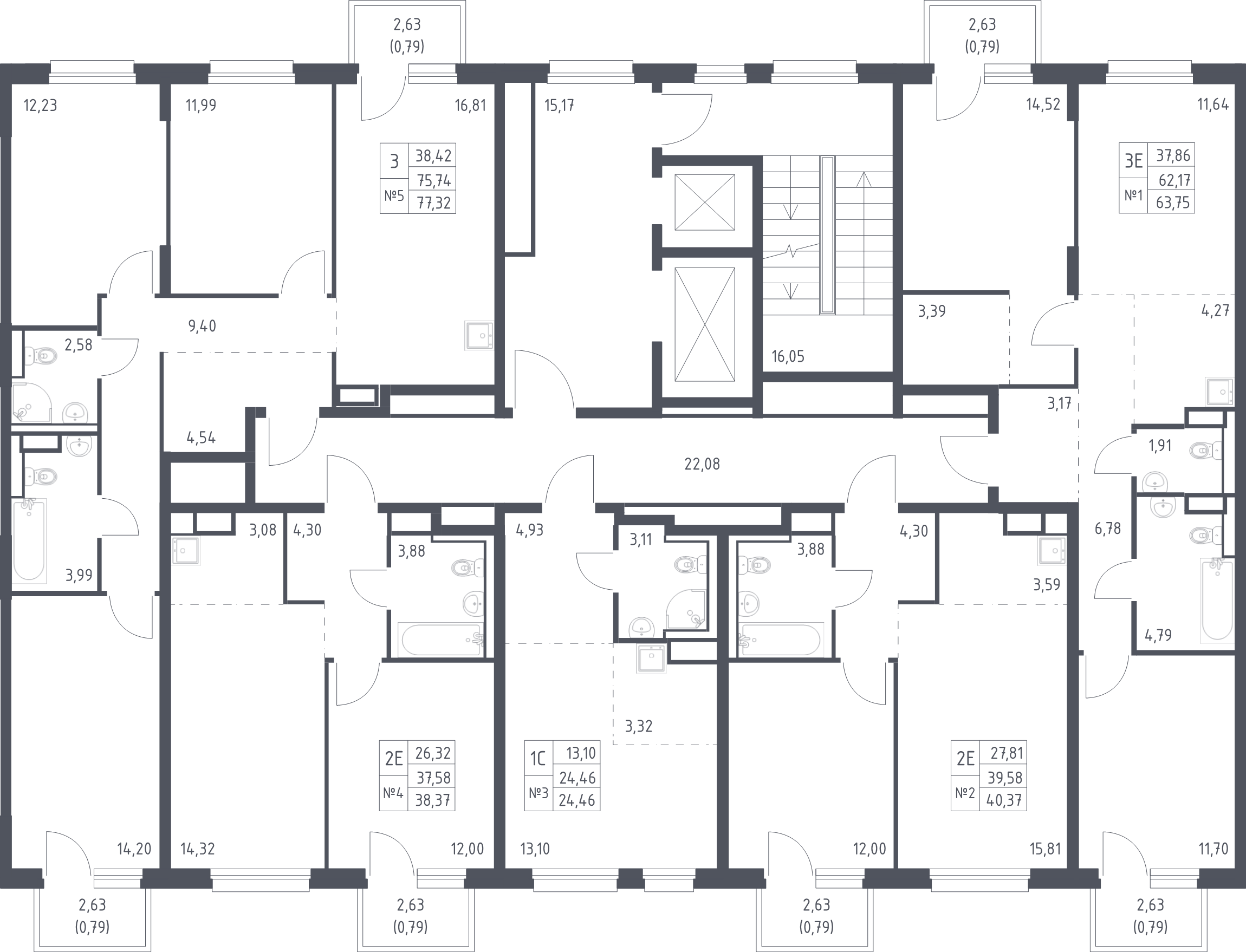 3-комнатная (Евро) квартира, 63.75 м² в ЖК "Новые Лаврики" - планировка этажа