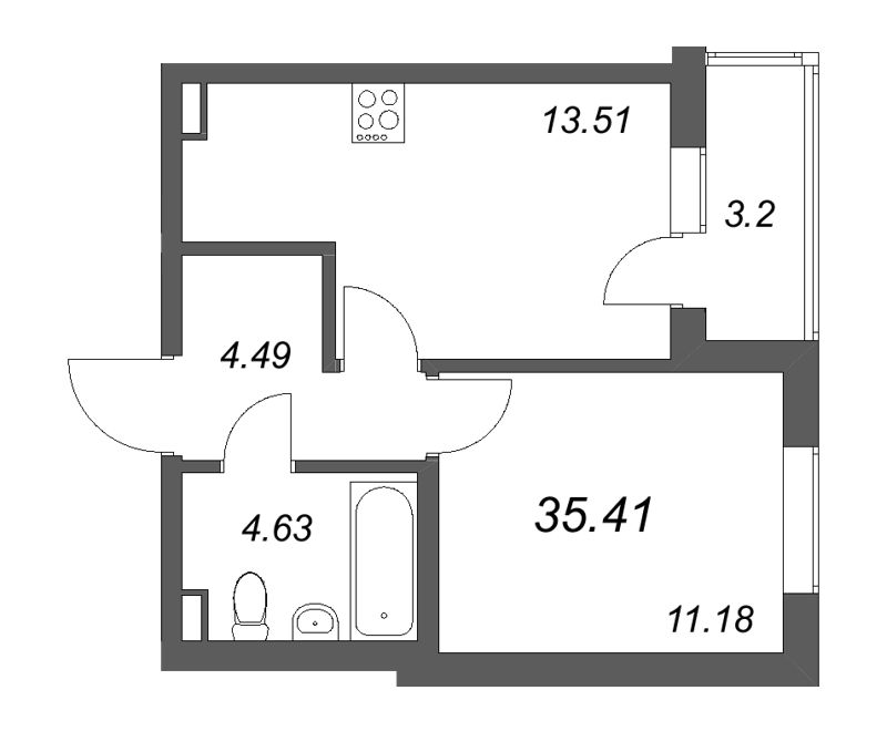 1-комнатная квартира, 35.41 м² - планировка, фото №1