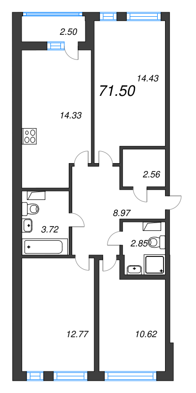 3-комнатная квартира, 71.5 м² - планировка, фото №1