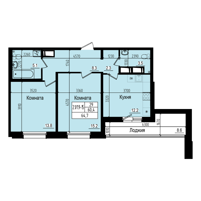 2-комнатная квартира, 64.7 м² - планировка, фото №1