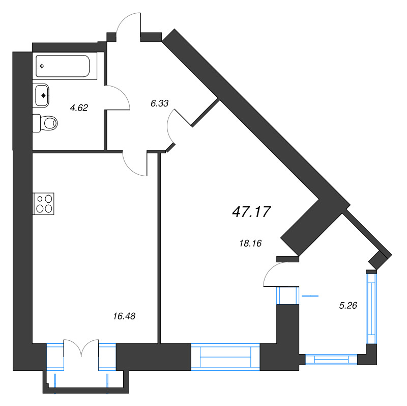 1-комнатная квартира, 47.2 м² - планировка, фото №1