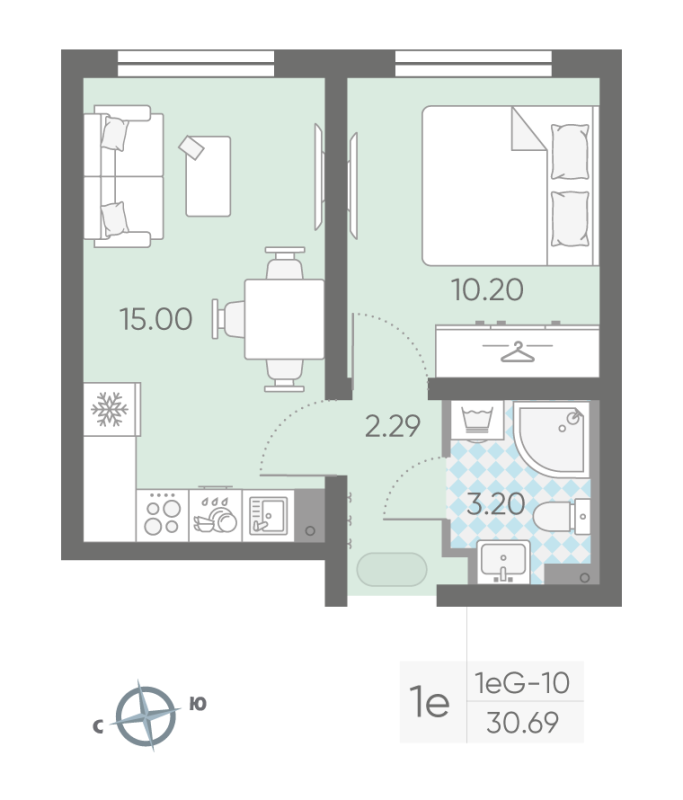 2-комнатная (Евро) квартира, 30.69 м² в ЖК "Ручьи" - планировка, фото №1
