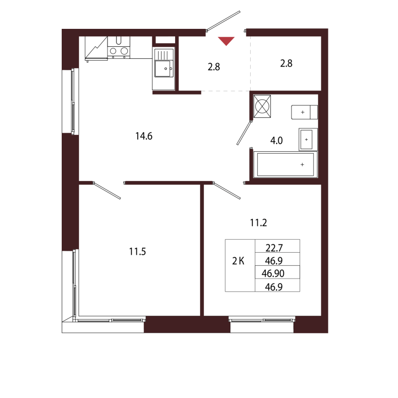 2-комнатная квартира, 46.9 м² в ЖК "Лисино" - планировка, фото №1