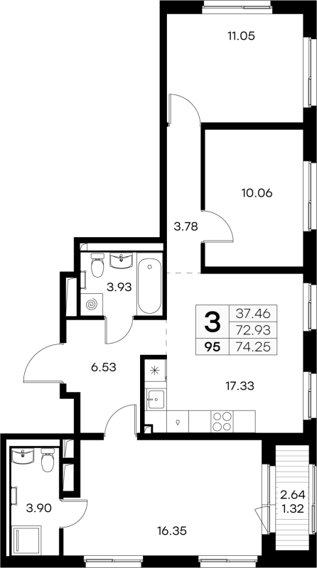 4-комнатная (Евро) квартира, 74.25 м² в ЖК "GloraX Новоселье" - планировка, фото №1