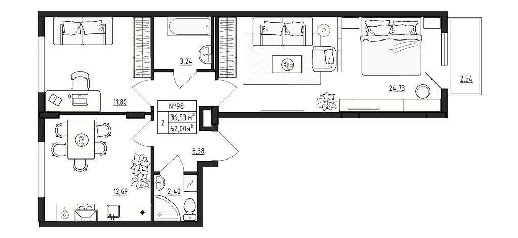 2-комнатная квартира, 62 м² - планировка, фото №1