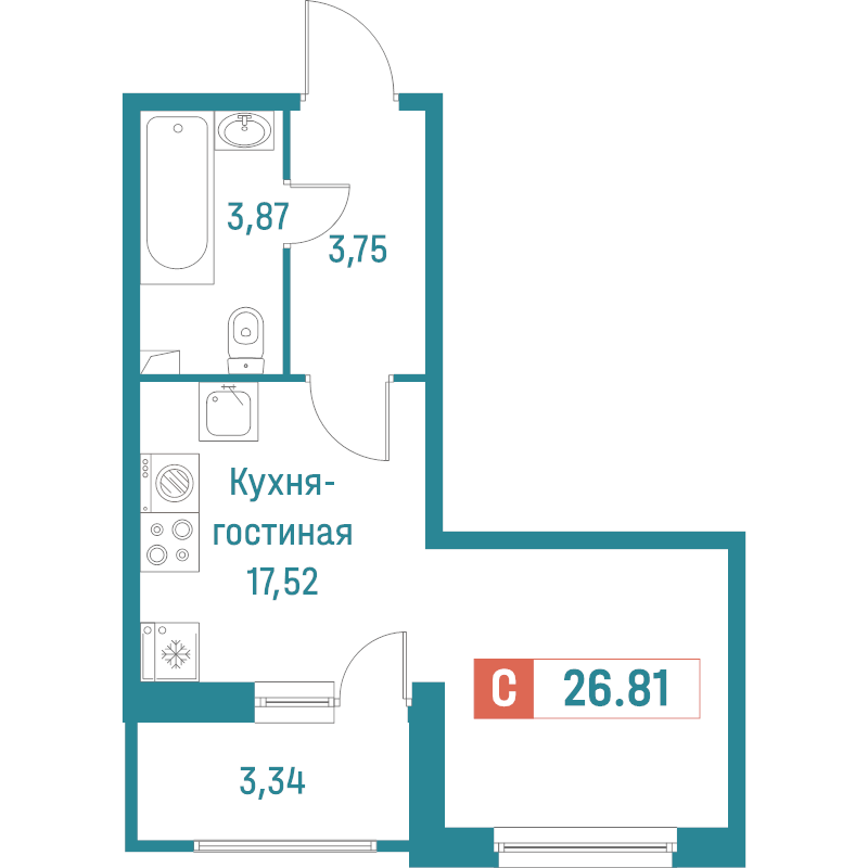 Квартира-студия, 26.81 м² в ЖК "Графика" - планировка, фото №1