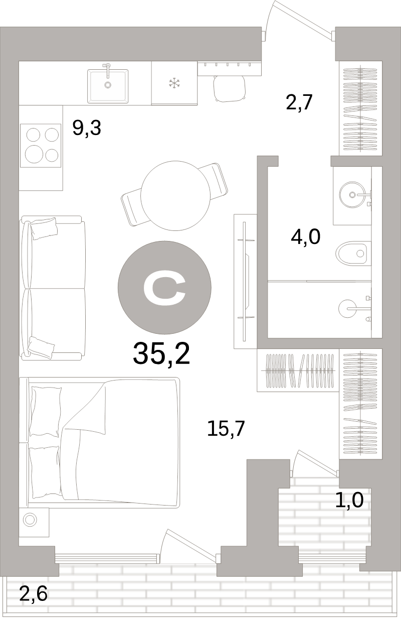 Квартира-студия, 35.2 м² в ЖК "Северный ветер" - планировка, фото №1