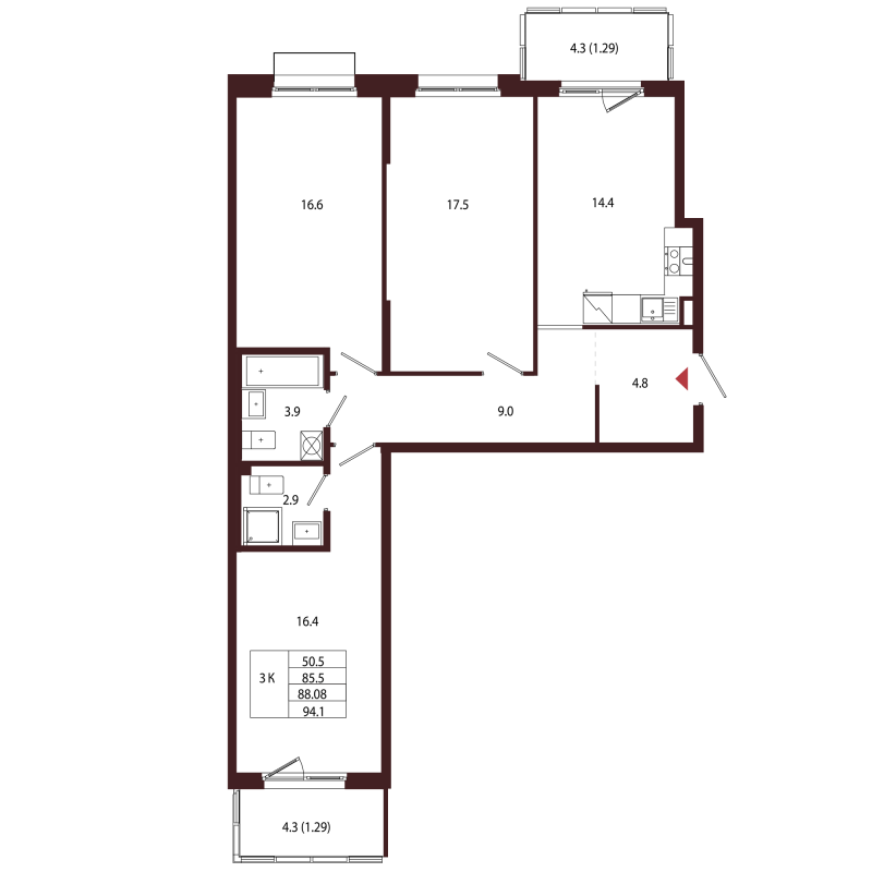 3-комнатная квартира, 88.08 м² в ЖК "Лисино" - планировка, фото №1