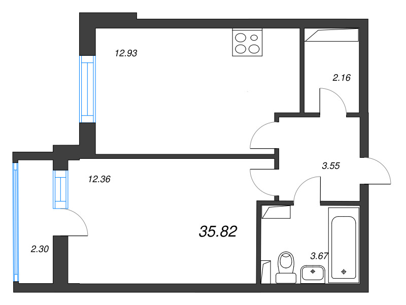 2-комнатная (Евро) квартира, 35.82 м² - планировка, фото №1