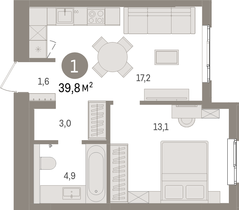 2-комнатная (Евро) квартира, 39.8 м² в ЖК "Брусника в Новоселье" - планировка, фото №1