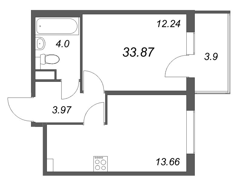 1-комнатная квартира, 33.87 м² в ЖК "Любоград" - планировка, фото №1