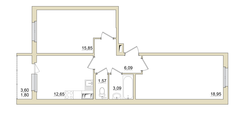 2-комнатная квартира, 60.4 м² в ЖК "Granholm Village" - планировка, фото №1