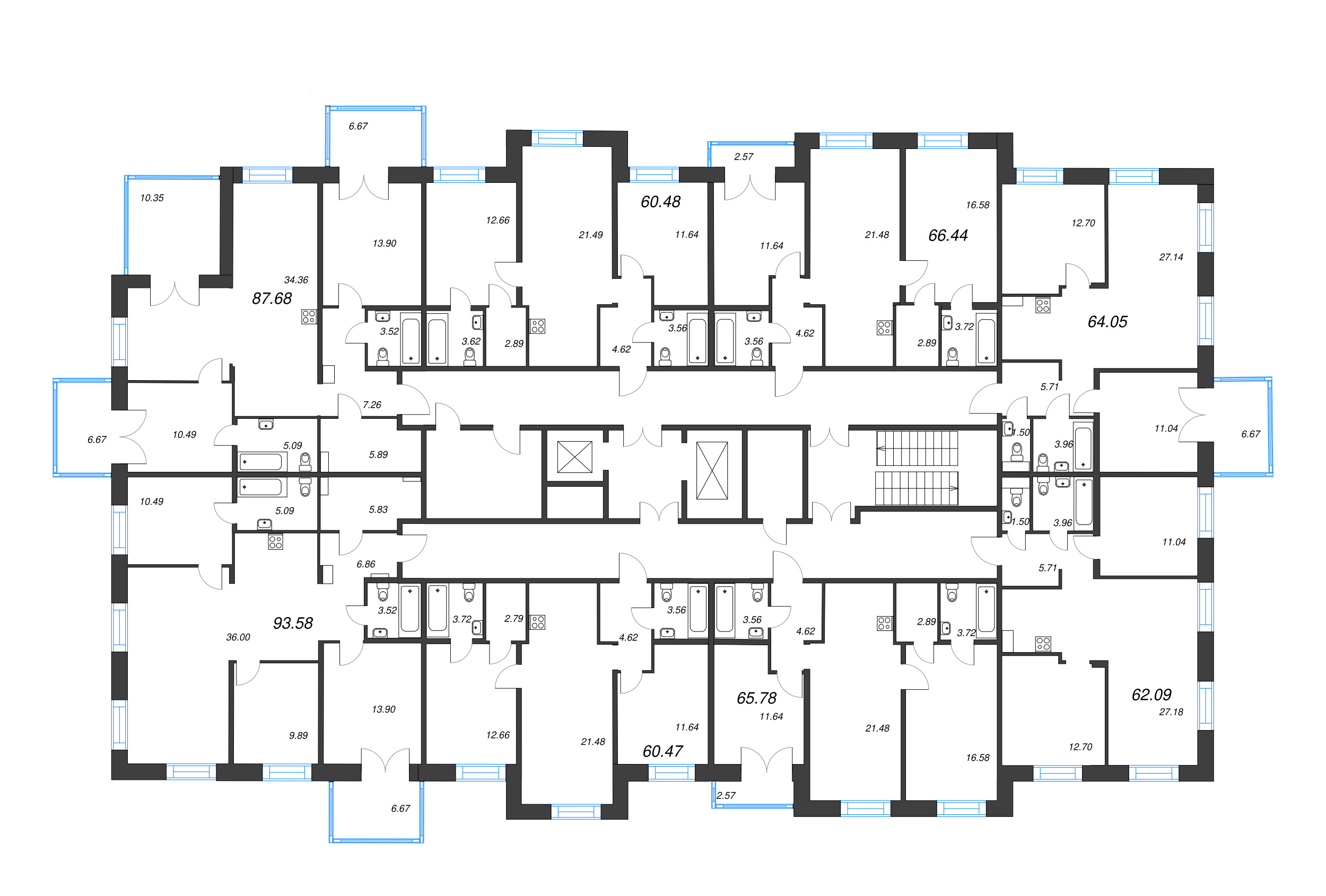 3-комнатная (Евро) квартира, 60.47 м² в ЖК "Alpen" - планировка этажа