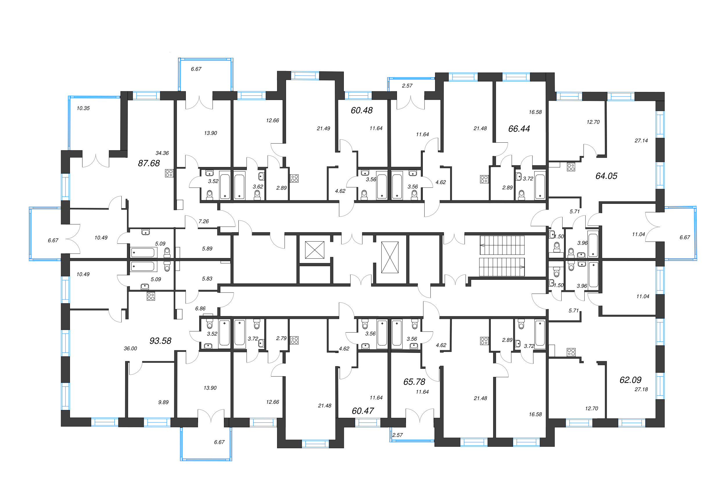 3-комнатная (Евро) квартира, 60.47 м² - планировка этажа