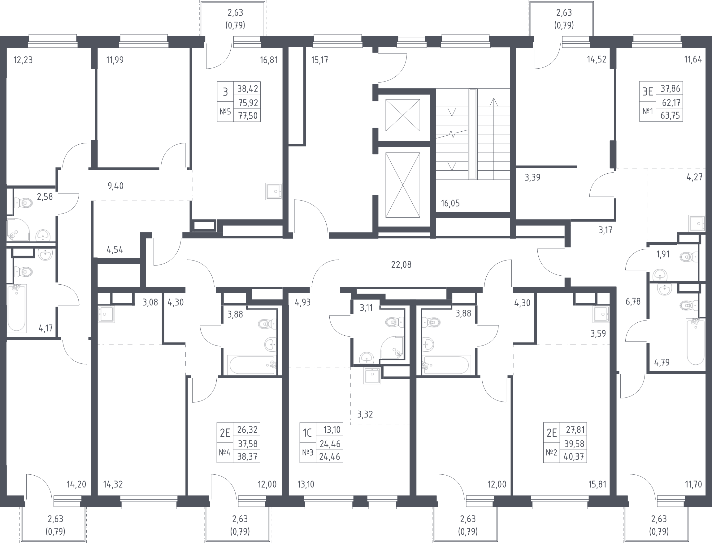 3-комнатная (Евро) квартира, 63.75 м² - планировка этажа