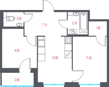 2-комнатная квартира, 46.54 м² в ЖК "Город-спутник Южный" - планировка, фото №1