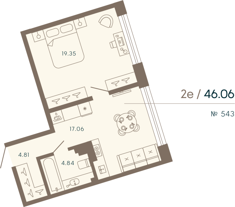 2-комнатная (Евро) квартира, 46.06 м² в ЖК "17/33 Петровский остров" - планировка, фото №1