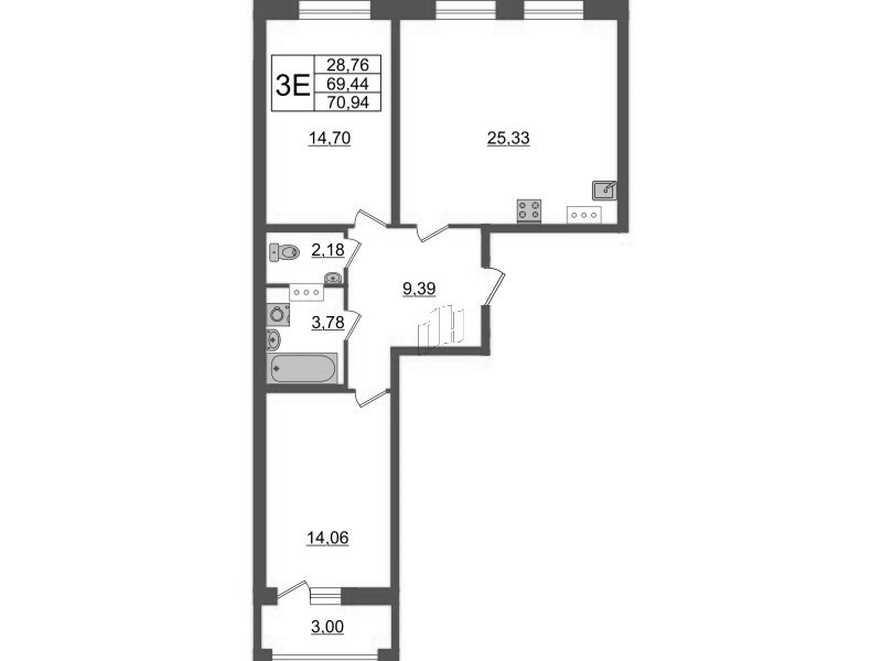 3-комнатная (Евро) квартира, 70.94 м² - планировка, фото №1
