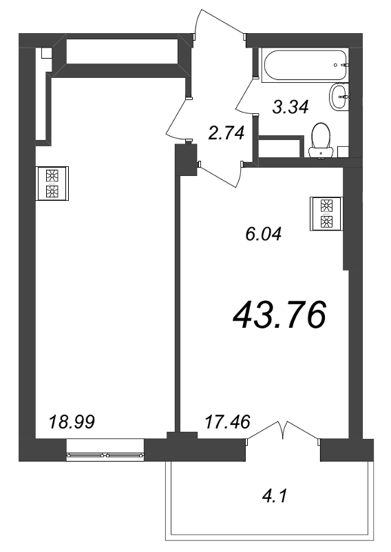 2-комнатная (Евро) квартира, 43.76 м² - планировка, фото №1