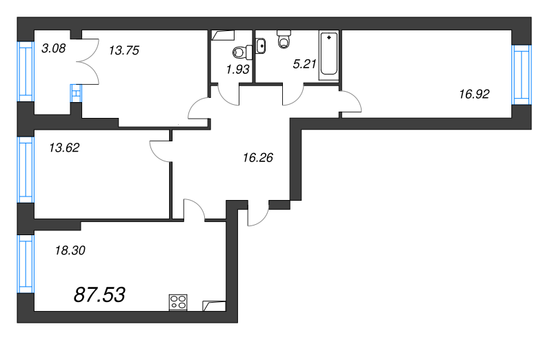 4-комнатная (Евро) квартира, 93.2 м² - планировка, фото №1