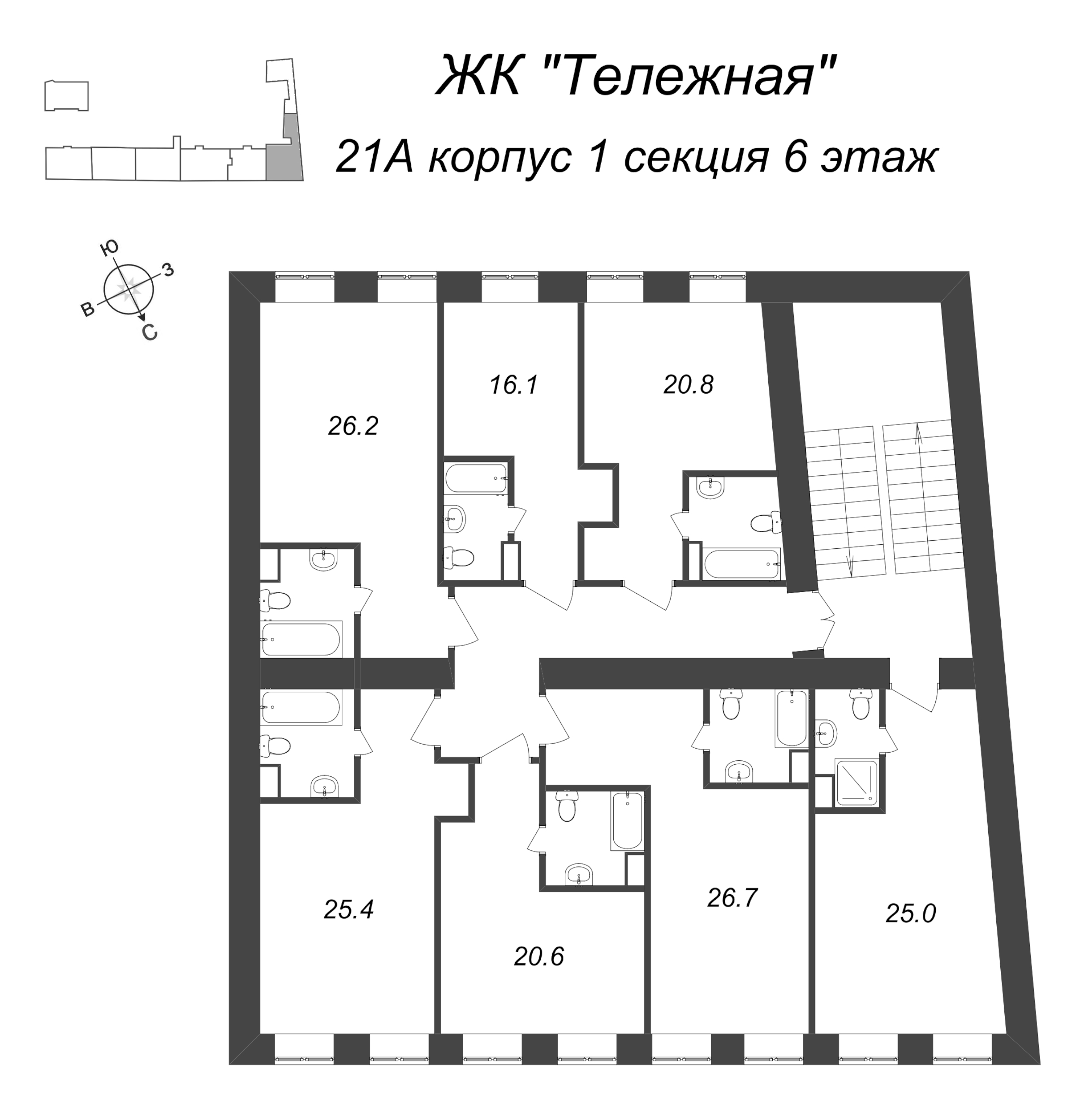 Квартира-студия, 21.4 м² в ЖК "Тележная 21-29" - планировка этажа