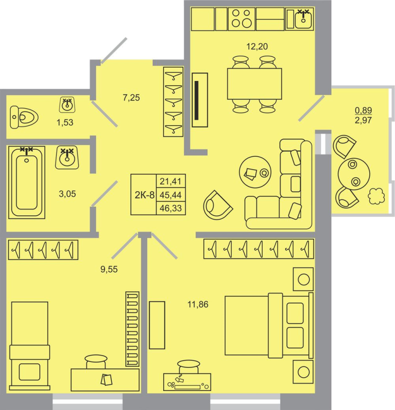 2-комнатная квартира, 46.33 м² - планировка, фото №1