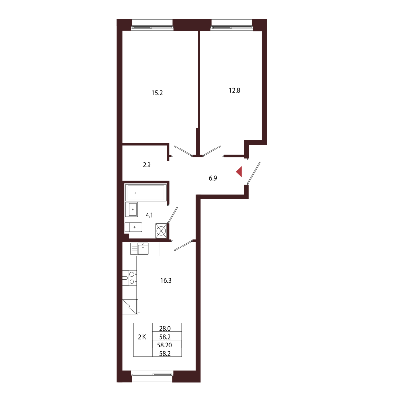 3-комнатная (Евро) квартира, 58.2 м² в ЖК "Лисино" - планировка, фото №1