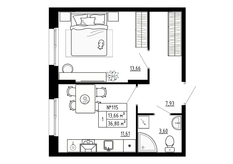 1-комнатная квартира, 36.8 м² в ЖК "Аннино Сити" - планировка, фото №1