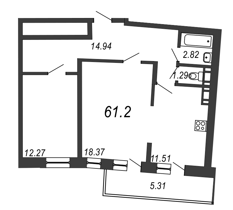 2-комнатная квартира, 61.2 м² - планировка, фото №1