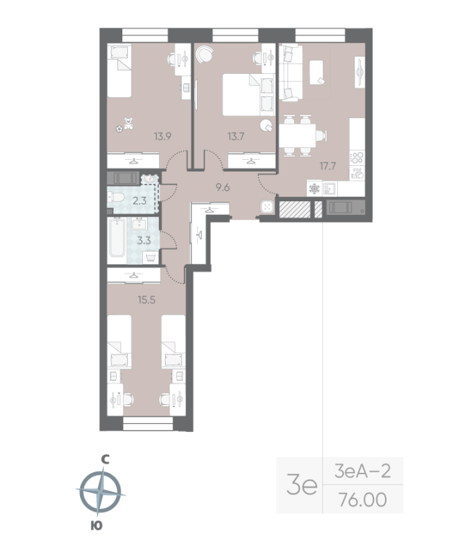 4-комнатная (Евро) квартира, 76 м² в ЖК "Большая Охта" - планировка, фото №1
