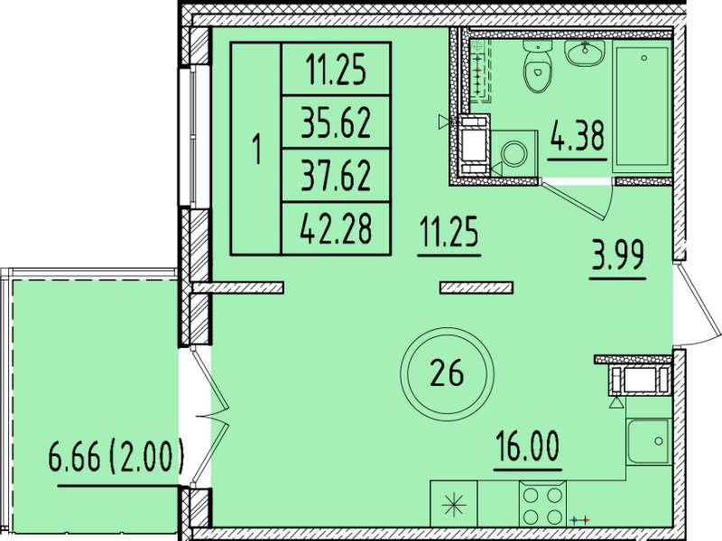 2-комнатная (Евро) квартира, 35.62 м² - планировка, фото №1