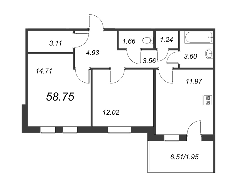 2-комнатная квартира, 56.8 м² - планировка, фото №1