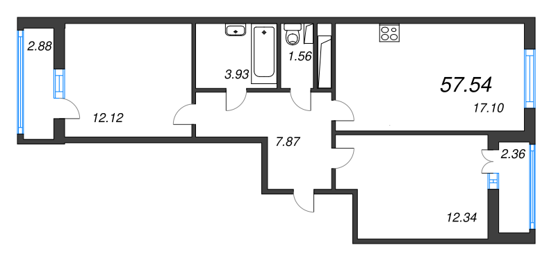 3-комнатная (Евро) квартира, 57.54 м² в ЖК "AEROCITY" - планировка, фото №1