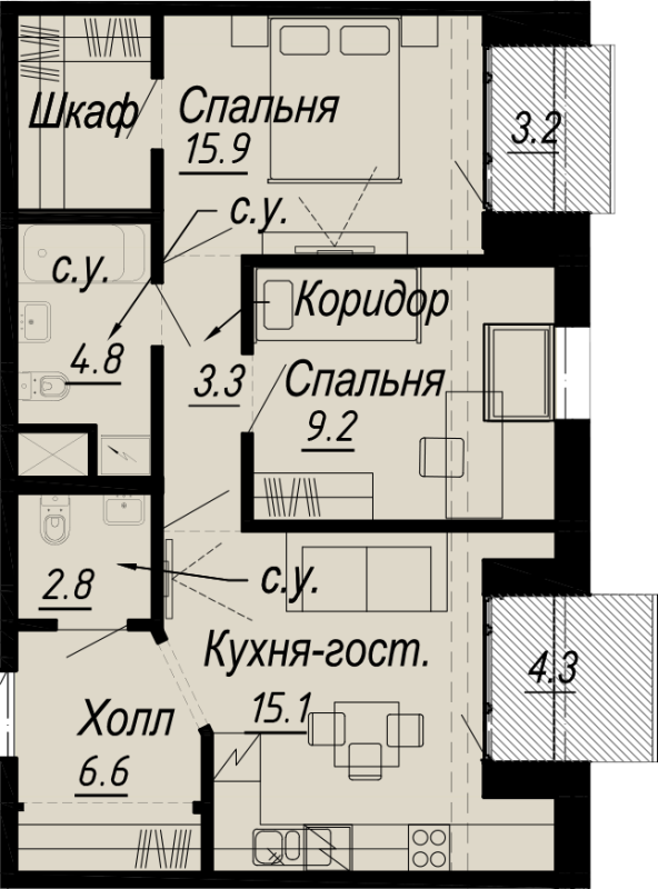 3-комнатная (Евро) квартира, 61.3 м² - планировка, фото №1