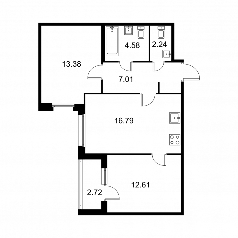 3-комнатная (Евро) квартира, 57.97 м² - планировка, фото №1