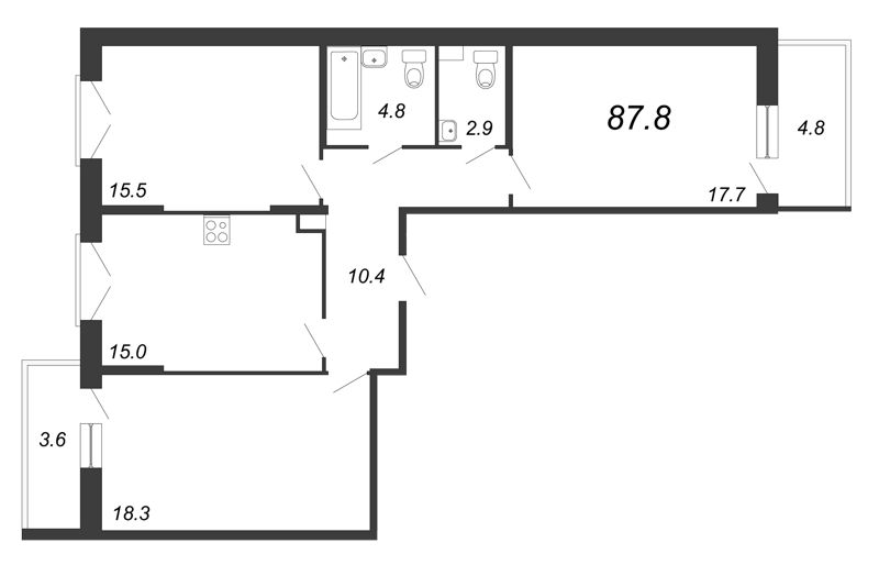 3-комнатная квартира, 89.9 м² - планировка, фото №1