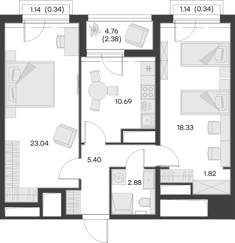 2-комнатная квартира, 65.22 м² - планировка, фото №1